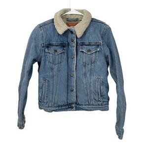 Levis Women Size M Trucker Jacket Blue Denim Sherpa Lined Snap Buttons